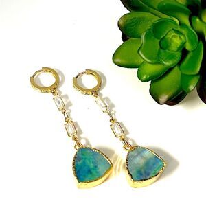 Summer beach vacation abalone earrings crystal chain and gold huggie hoops